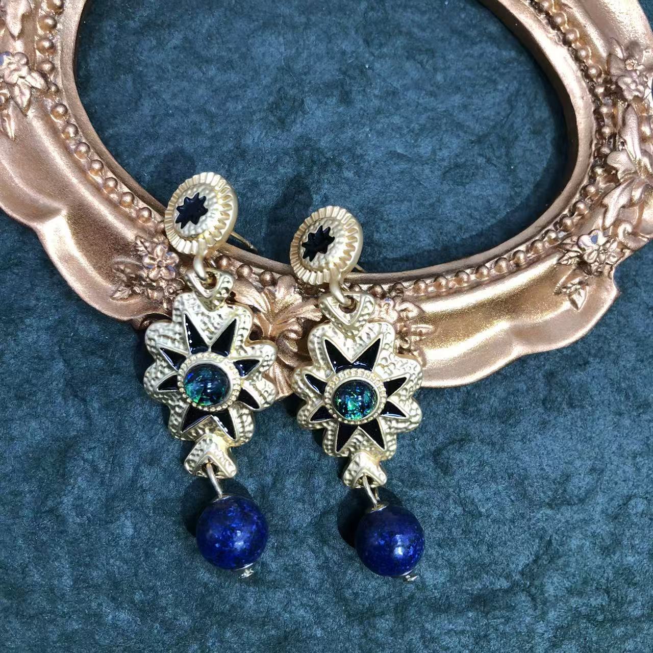 中古重工八角星芒花纹青金石耳坠耳钉