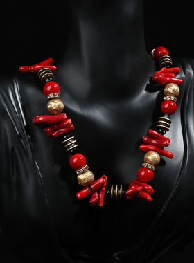 中古vintage monies风銅珠红瑚项链文艺毛衣链百搭时尚短款项链女