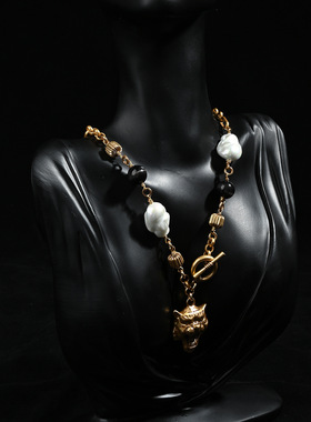 中古黄铜链条巴洛克珍珠个性豹子头项链时尚琉璃长项链服装配百搭