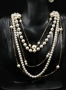 时尚长款多层叠戴施家强光珍珠铜渡18k真金奢华项链高端气质套装