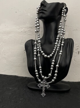 欧美辣妹风多层灰色珍珠十字架吊坠项链女独特时尚个性锁骨链配饰