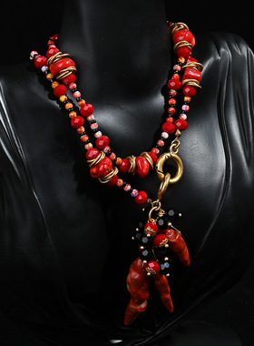 中古vintage复古天然石牛血红小众个性百搭感毛衣链