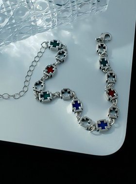 新款感轻奢滴釉彩色珐琅十字架手链ins时尚小众嘻哈百搭手饰
