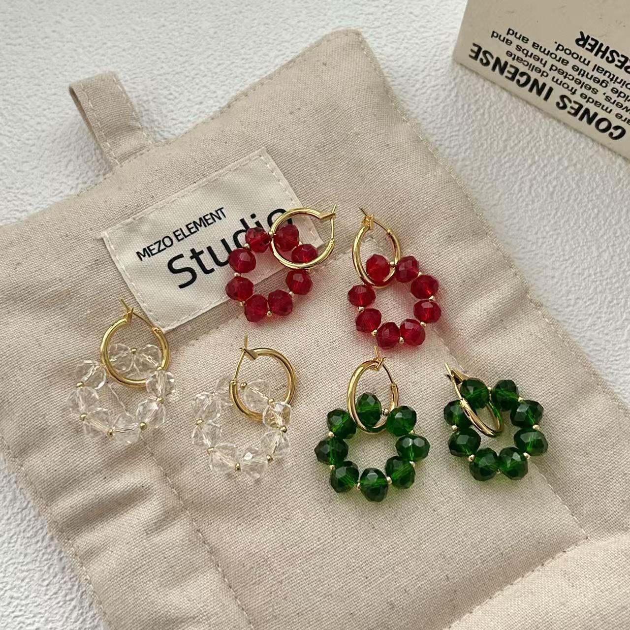 复古中式水晶耳扣祖母绿珠珠耳圈简约两戴气质欧美百搭小众耳环女