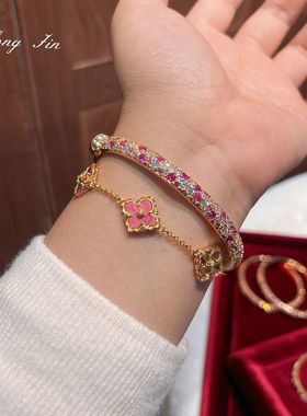 复古轻奢高定满钻玫瑰庄园渐变粉钻手镯感气质精致手环