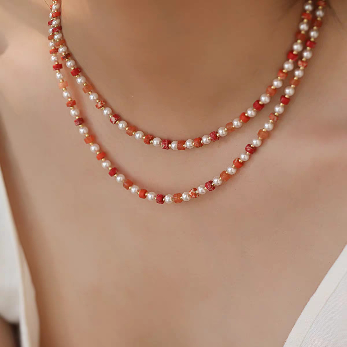 红色天然石串珠施家珍珠锁骨链轻奢小众秋冬新款双层叠带项链颈链