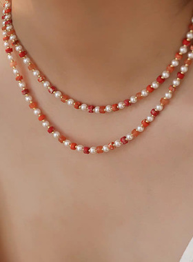 红色天然石串珠施家珍珠锁骨链轻奢小众秋冬新款双层叠带项链颈链