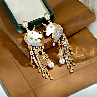 宫廷风复古夸张长款流苏奢华锆石耳坠独角兽马年走秀气质耳环耳饰