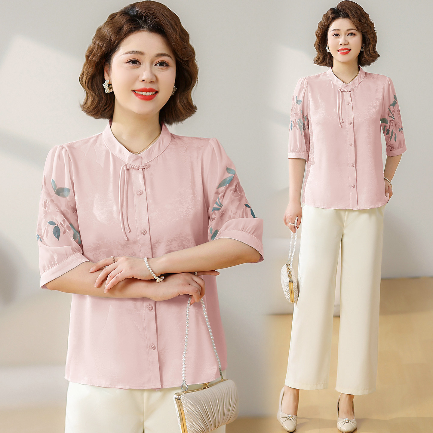 复古新中式妈妈装印花衬衫女2026夏季新款时尚气质百搭中老年小衫