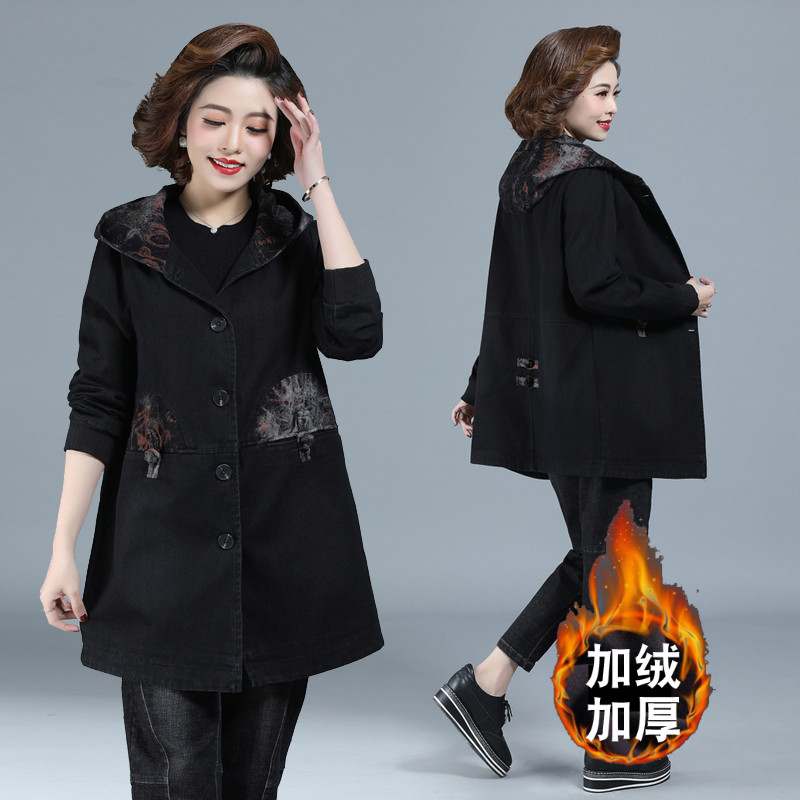 中老年人妈妈装加绒夹棉牛仔外套女中长款大码奶奶冬装棉衣200斤