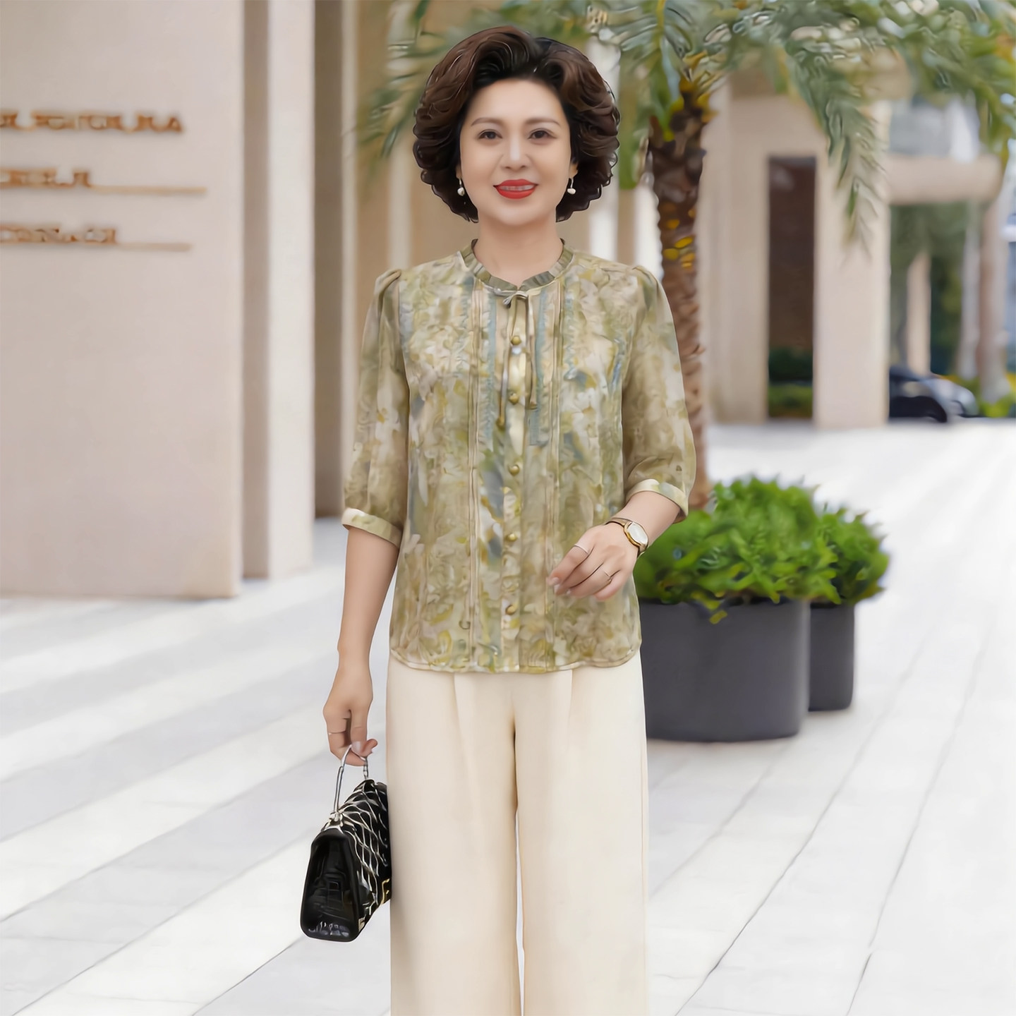 中式新款印花圆领七分袖衬衣女2026夏季中老年国风百搭减龄上衣潮