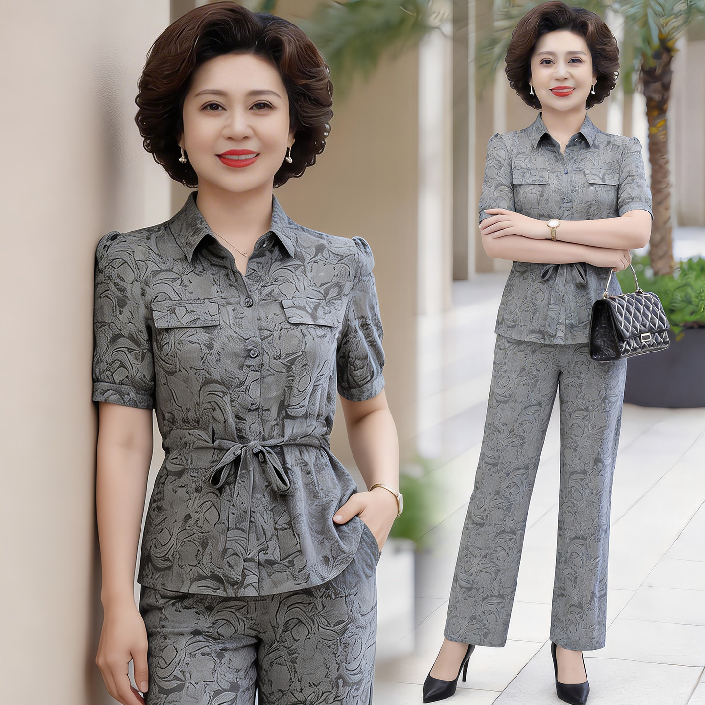 中老年妈妈时尚洋气休闲套装女2026夏季新款印花衬衫阔腿裤两件套