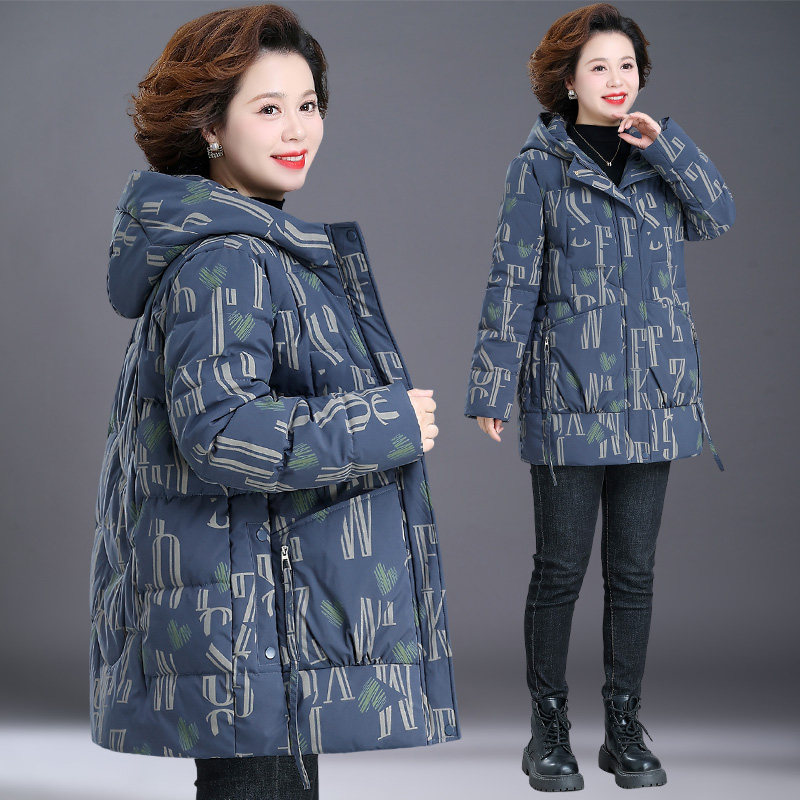 时尚休闲印花中长款连帽保暖棉服女2024冬季新款洋气百搭棉衣外套