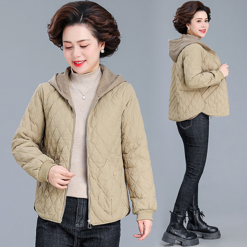 时尚气质短款纯色连帽棉服女2024冬季新款宽松妈妈装保暖棉衣棉袄