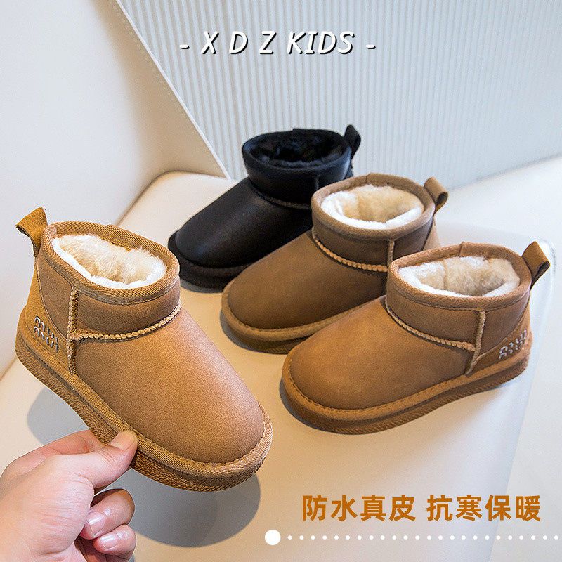 儿童防水皮面雪地靴2025冬季新款男童加绒加厚短靴宝宝鞋女童棉鞋
