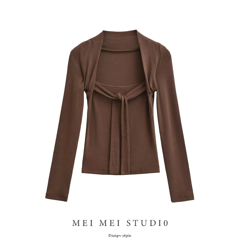 纯欲辣妹包肩绑带假两件长袖T恤