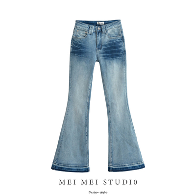 美式高弹复古水洗弹力修身牛仔微喇裤2024秋新款百搭个性牛仔裤女