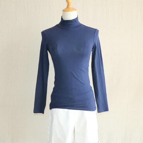 商场撤柜正品剪标74603极简风高领长袖打底女修身套头T恤深蓝上衣