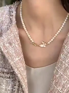 新中式强光天然淡水珍珠项链女高级感贝母蝴蝶百搭锁骨链妈妈链