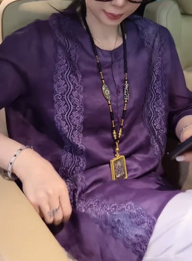 仿麻蕾丝拼接宽松中长款打底衫女