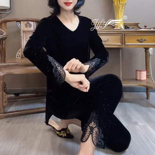 丝绒春秋款时尚套装女2026V领蕾丝拼接烫钻长袖上衣小脚裤两件套