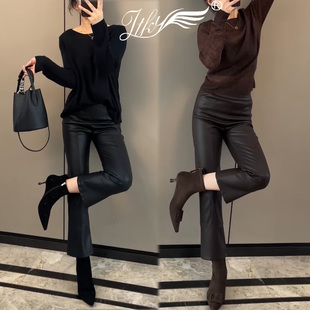 咖色微喇皮裤女2025秋冬新款高腰显瘦简约气质时髦轻奢烟管九分裤