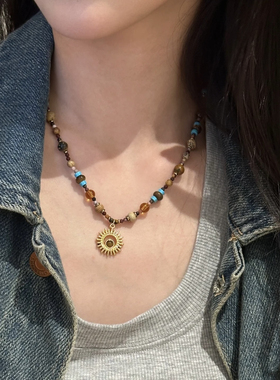 新中式天然石太阳花串珠项链复古锁骨链民族风高级感项饰2025新款