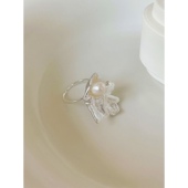 不染文艺复古风celi925银花朵造型镶嵌珍珠开口戒指指环