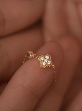 潮流时尚链条戒钻石戒指小众设计感四叶镀金复古小众高级款