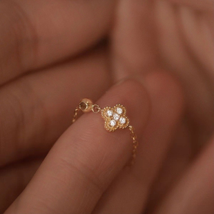 潮流时尚链条戒钻石戒指小众设计感四叶镀金复古小众高级款