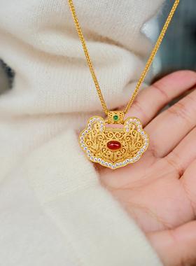 国潮新中式花开富贵花丝如意锁包吊坠项链2026新款爆款显白锁骨链