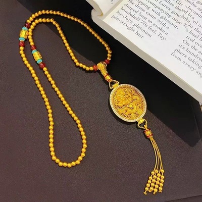 古法黄金色拉丝香囊吊坠项链新中式宫廷风龙凤呈祥金珠流苏毛衣链