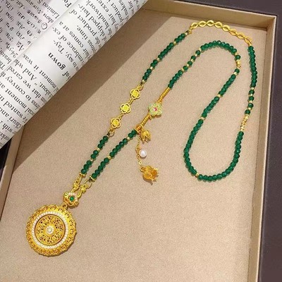 新中式手工diy绿色圆珠花丝如意八宝旋转圆盘项链国风串珠民族风