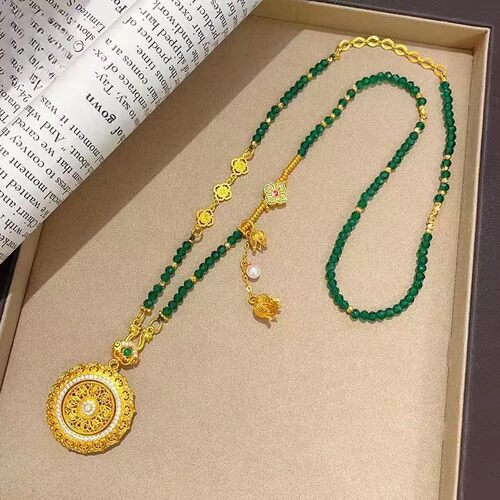 新中式手工diy绿色圆珠花丝如意八宝旋转圆盘项链国风串珠民族风