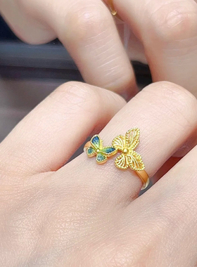 金店同款双蝴蝶戒指女时尚新中式古法小众设计珐琅蝴蝶开口指环女