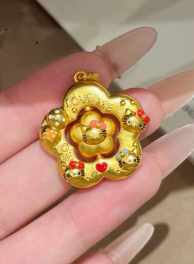 古法金色珐琅时来运转花凯蒂猫吊坠项链萌猫旋转可爱少女百搭挂坠