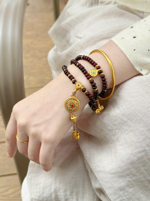 金店店同款珐琅八宝罗盘小叶紫檀手串项链女新中式国潮首饰