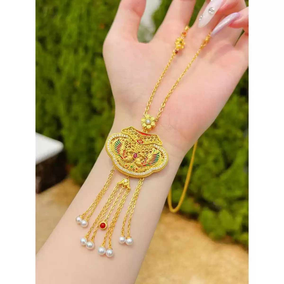 双凤流苏锁包黄金色吊坠仿珍珠莫桑钻镶嵌精美绝伦送老婆礼物