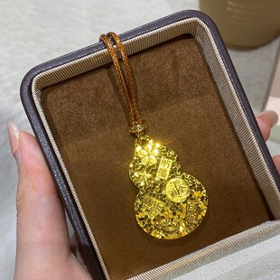 CNC爆闪新中式黄金色喜乐牌葫芦福禄牌寓意长款毛衣链项链女吊坠