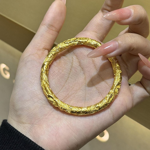 古法黄金色錾刻国色天香牡丹手镯女新中式国潮牡丹花镯子送妈妈礼