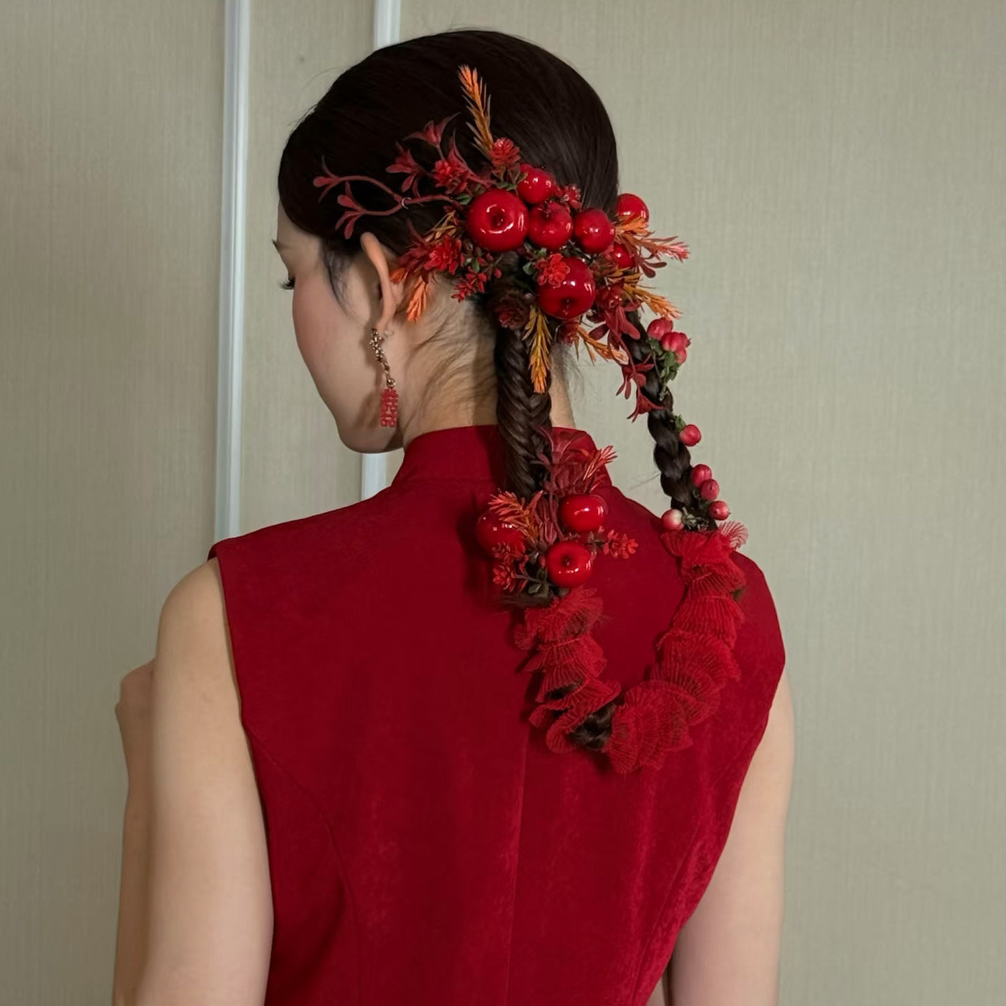 中式汉服发饰红果子花朵发饰秀禾新娘结婚头饰红色仿真花发饰套装