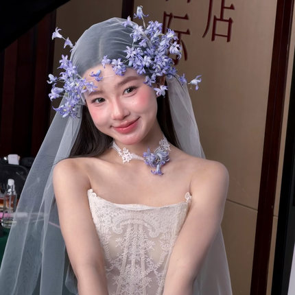 新款紫色碎花朵边夹新娘发饰森系花朵发饰超仙氛围感气质大气头饰