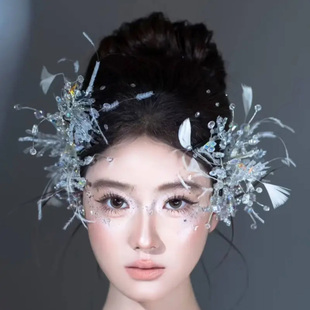 新款超仙羽毛串珠蝴蝶水凝胶发夹装饰性新娘婚纱礼服造型发饰套装
