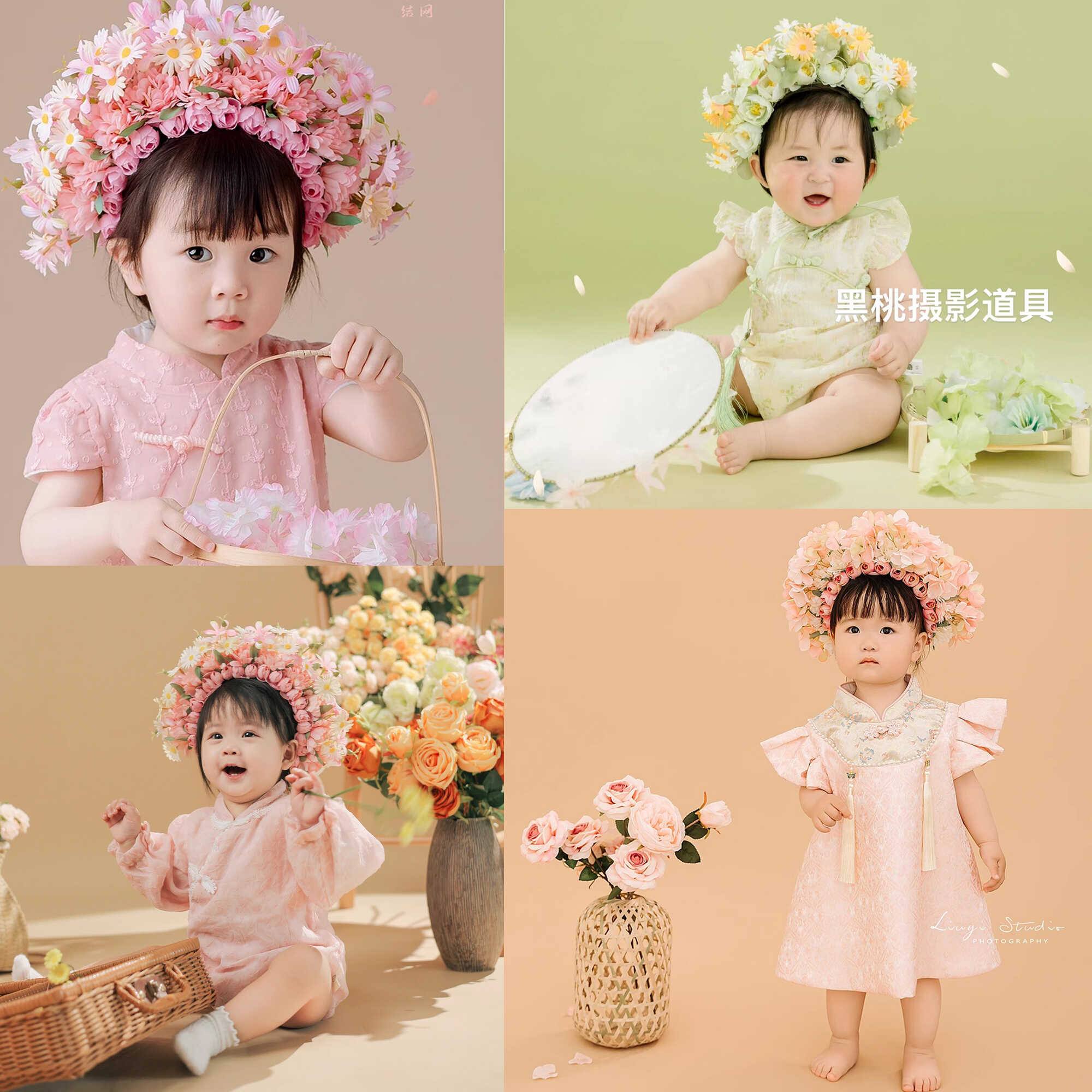 出租摄影服装一周岁女宝粉色簪花小古装汉服宝宝拍照主题衣服背景