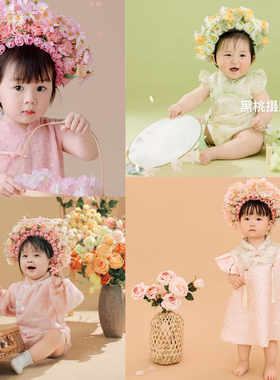 出租摄影服装一周岁女宝粉色簪花小古装汉服宝宝拍照主题衣服背景