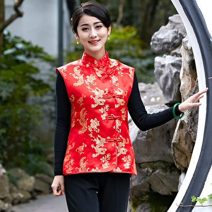2025新年情侣男女唐装衣马夹棉背心超市酒店茶楼工作服演出服马甲