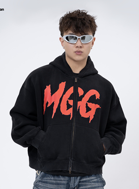 MGG 美式印花卫衣复古水洗做旧破洞连帽短宽BOXY拉链外套百搭帽衫