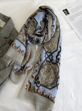 蓝灰色薄款女士棉麻纱巾海边沙滩围巾披肩两用旅游拍照防晒丝巾夏