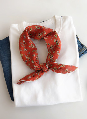 复古碎花橘红色棉麻方巾新款围巾头巾文艺领巾女士春秋小丝巾发带