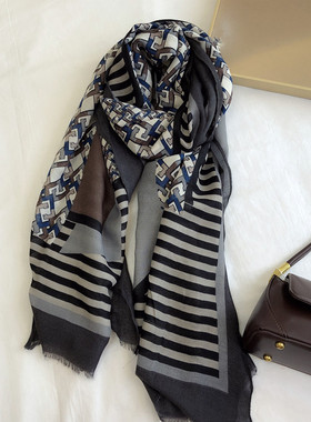 复古灰色条纹拼色印花棉麻纱巾保暖围巾披肩两用长款丝巾女春秋冬